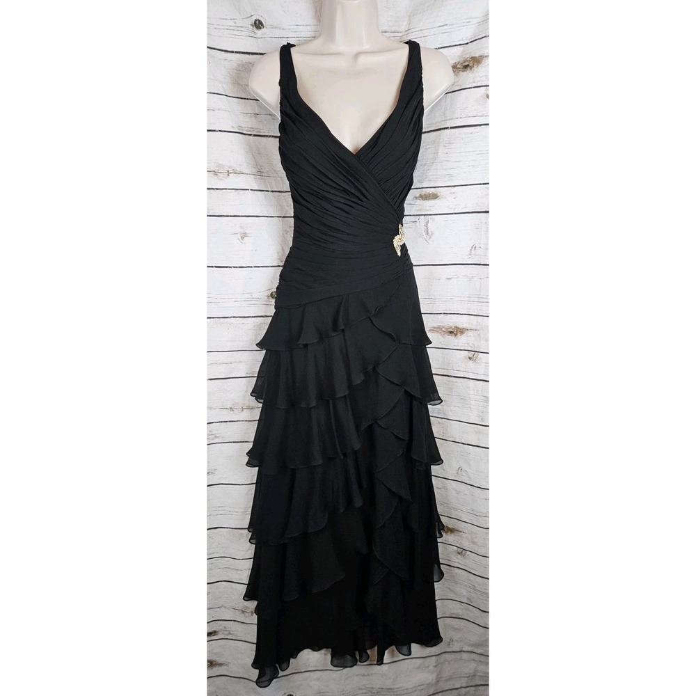 Tadashi Black Ruffled Cocktail Dress 4 100% Silk Holiday Party High Low